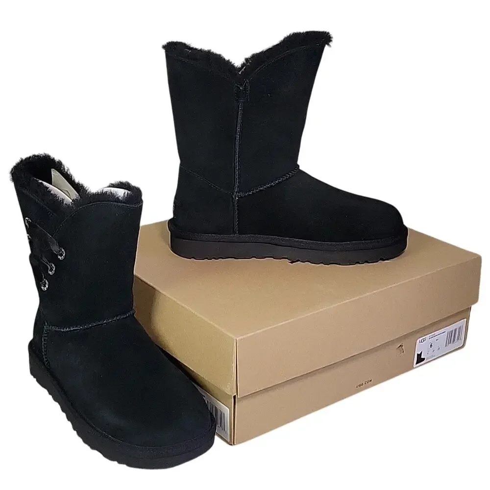 UGG Constantine Satin Ribbon Black Leather Boots Womens Size 6 NEW